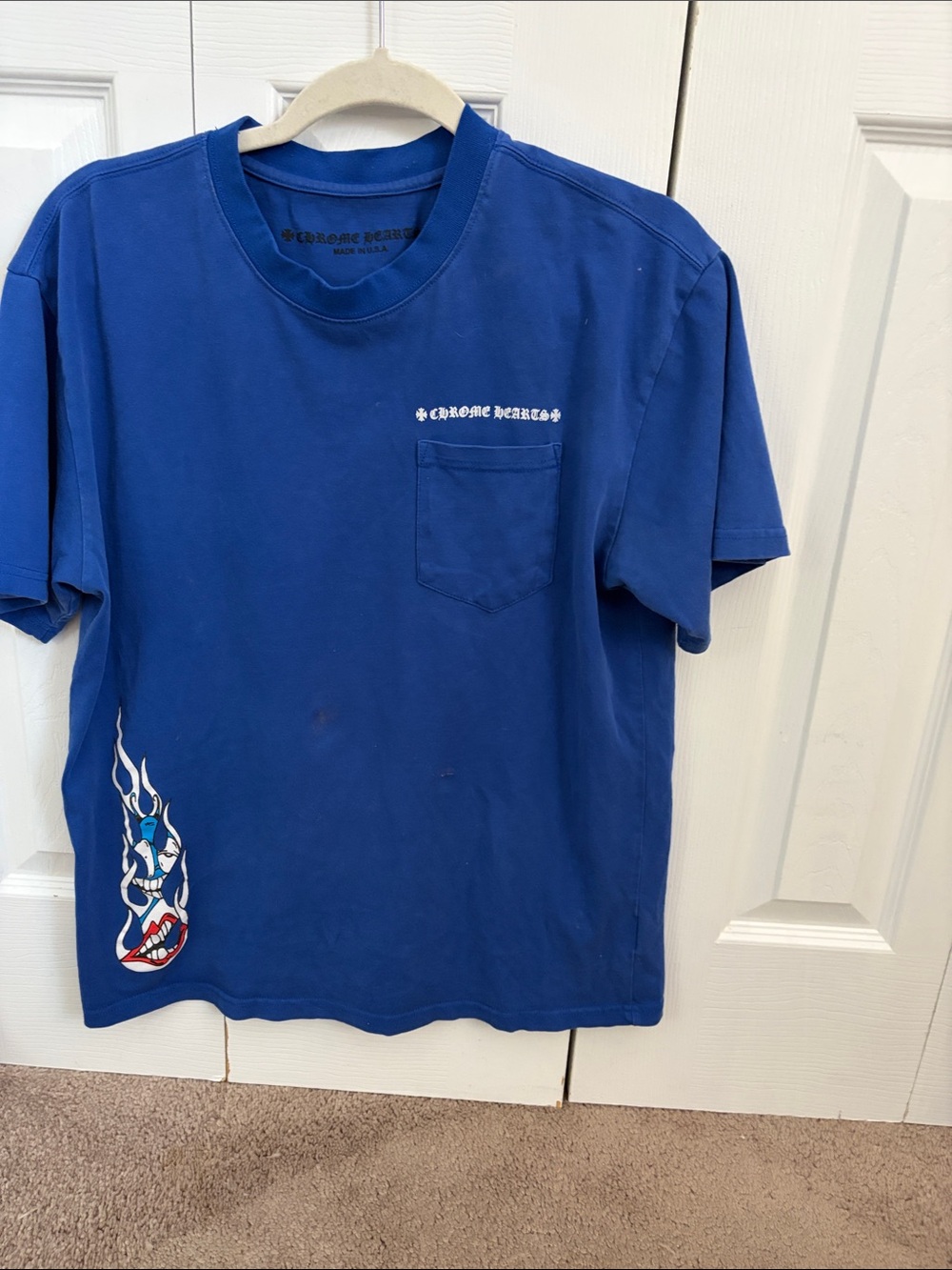 Chrome Hearts Blue Short Sleeve Pocket Tee with Flame Graphic